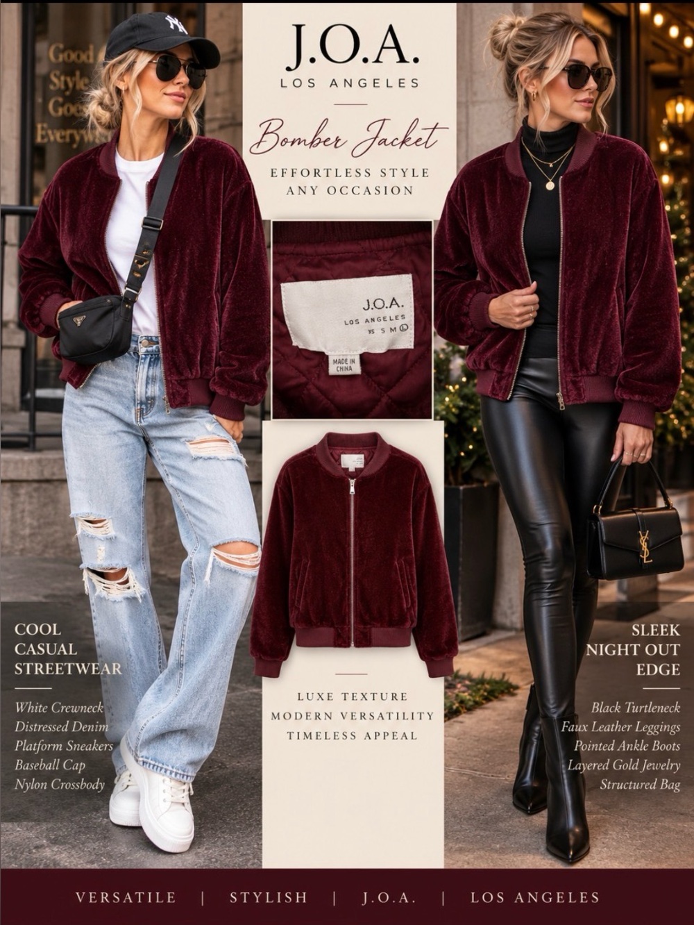 J.O.A. Los Angeles Burgundy Faux Fur Bomber Jacket - Size L